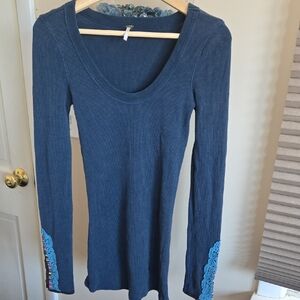 Elegant Navy Long Sleeve Top with Lace Accents
